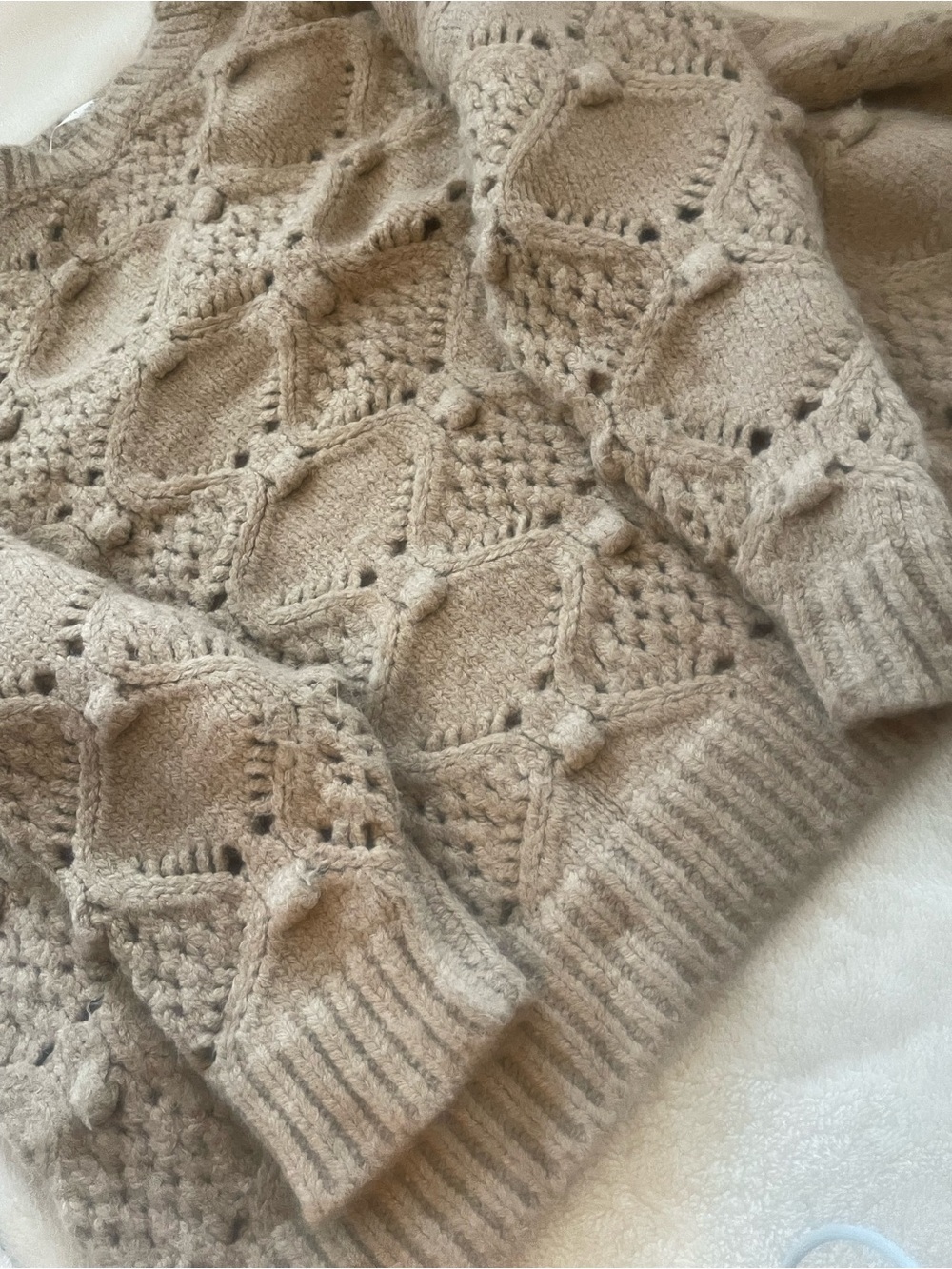 Altar'd State Taupe Pointelle Diamond Knit Sweater